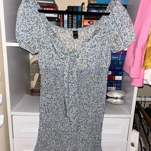 SHEIN Light Blue Floral Summer Dress with Pink and Green Accents